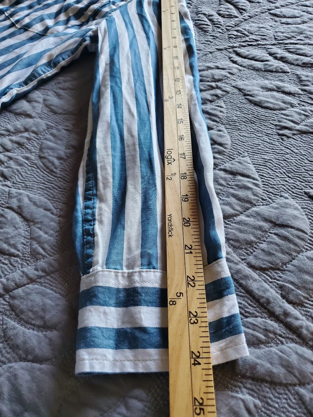 Lola River Popover Shirt Vertical Striped Blue White Button Up Blouse Tencel L - Picture 7 of 13